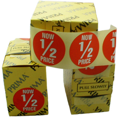 5000 x "NOW 1/2 PRICE" Retail Price Stickers Labels In Dispenser Boxes